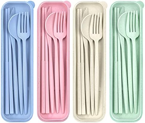 DISSKNIC 4 Sets Travel Utensils with Case, Cutlery Set Chopsticks Fork Spoon Knife with Case, Reusable Plastic Utensils Sets for Lunch Box Accessories,Portable Lunch Box Utensils Set for Daily Use