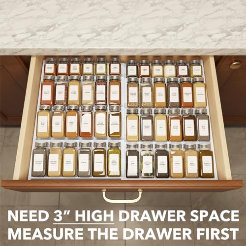 SpaceAid Bamboo White Spice Drawer Organizer, (Need 3" Deep Drawer) Expandable 4 Tier Spices Rack for Cabinet, Kitchen Seasoning Storage Insert (Jars Not Included, From 12" to 23" Wide)