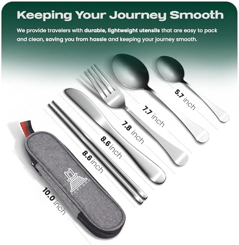 Taplord Portable Travel Silverware Set With Case, Includes 5 Pcs of Travel Utensils With Case, Stainless Steel Flatware Set For Camping, Easy to Travel, Lightweight (Silver), Medium, TL-05S