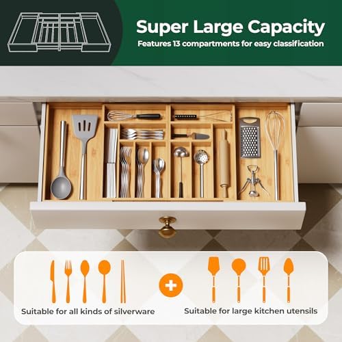 Large Silverware Organizer, 13 Slots Magnetic Connected Expandable Bamboo Utensil Drawer Organizer From 21 to 37.4 Inches, Adjustable Flatware and Cutlery Holder, Utensil Tray for Kitchen Natural
