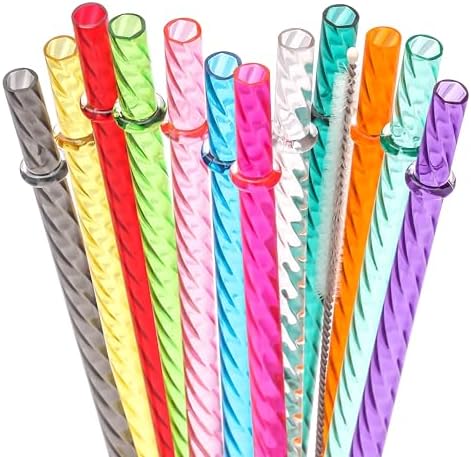 Dakoufish 13 Inch Long Reusable Clear Plastic Replacement Drinking Straws for 32 oz,40 oz & 100 oz Jar/Tumblers, Set of 12 Swirl Straws With Cleaning Brush (13inch,12color)