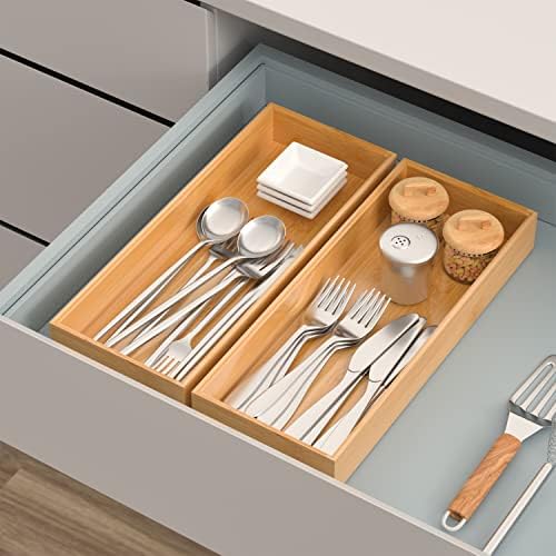 VeyFey Bamboo Drawer Organizer, Stackable Utensil Organizer for Kitchen, Bamboo Storage Box Wood Silverware Tray for Drawer 15" x 6" x 2" Set of 2