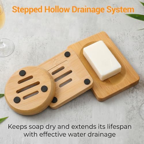 3PCS Bamboo Soap Holder Wooden Soap Dishes for Bathroom, Natural Soaps Dish Self-Draining Bar Soaps Holder Set (Round, Square, Rectangle) for Shower, Sink, Bathtub, and Home Accessories