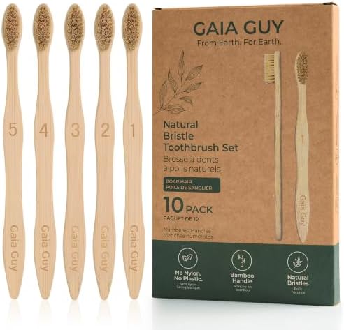 Gaia Guy Boar Bristle Bamboo Toothbrushes – 10 Pack Natural Bristle Toothbrush Set, Plastic-Free & Nylon-Free, Numbered Bamboo Handles, Medium Boar Hair Bristles for Adults & Families