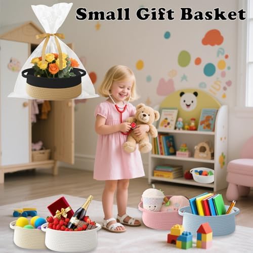 Woven Rope Basket,Baby Gift Basket with Bag & Ribbon, Black&Jute