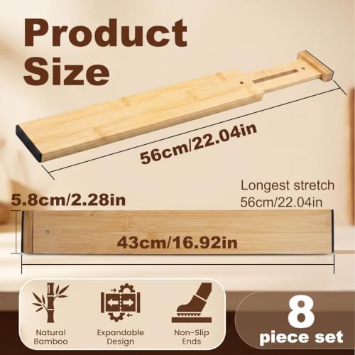 Joyeee Kitchen Drawer Dividers 8 Pack, 16.9-22" Adjustable Bamboo Drawer Organizer, 2.28" High Expandable Utensils Separators for Closet, Dresser, Bathroom, Bedroom