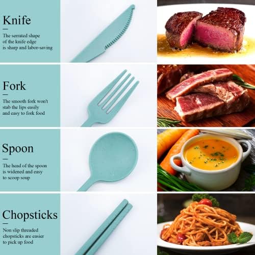 DISSKNIC Reusable Utensils Set with Case, 6 Sets Travel Utensils with Case, Wheat Straw Portable Cutlery Set Chopsticks Knives Fork and Spoon for Lunch Box Accessories