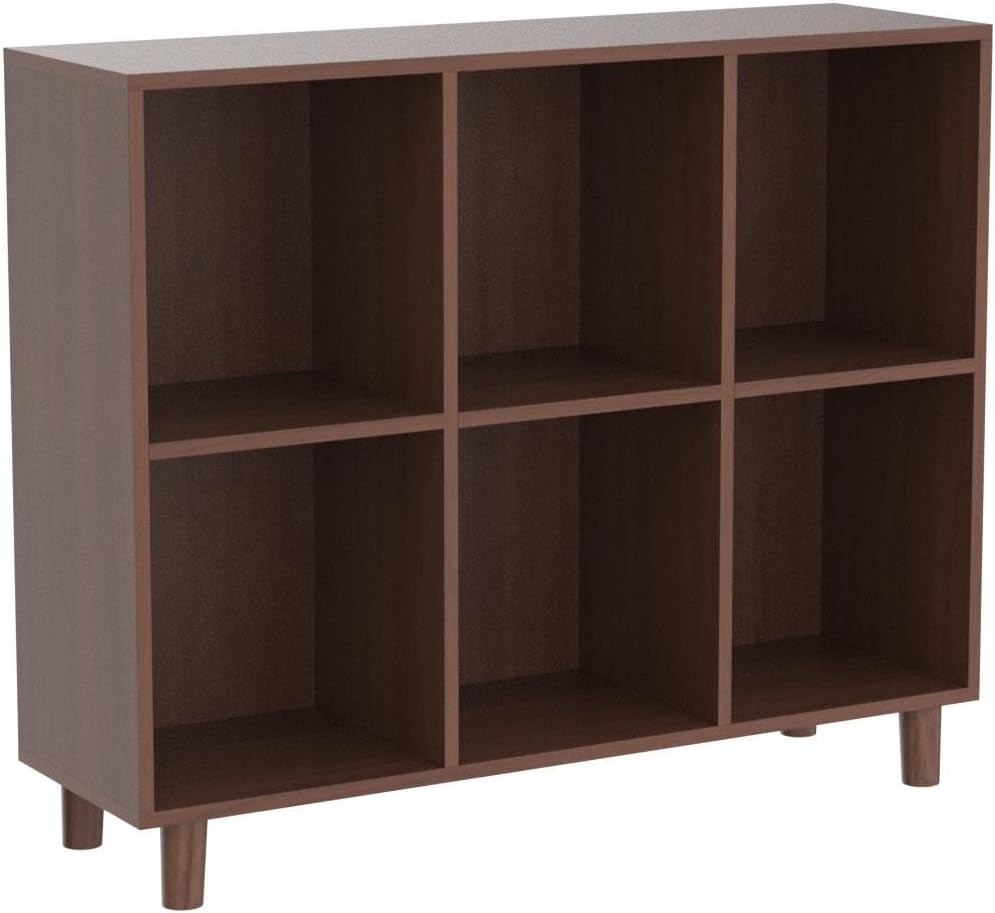 IOTXY Freestanding Open Cubes Bookcase - 2-Tier Floor Standing Wooden Storage Display Cabinet Organizer with Legs for Home Office, 6-Cubes Open Shelf Low Short Bookshelf, Walnut