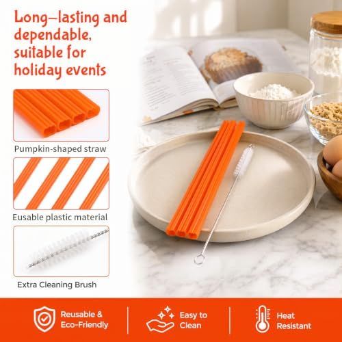 JANYUN 30 Pcs Reusable Pumpkin Straws with Cleaning Brush
