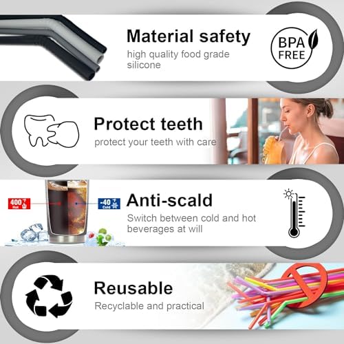 Walfos Silicone Straws - Reusable straws Bendy straws for Smoothies/20 & 30 oz Tumblers, BPA Free. 2 Size (3pcs Wide S + 3 pcs Regular + 2 Cleaning Brushes）