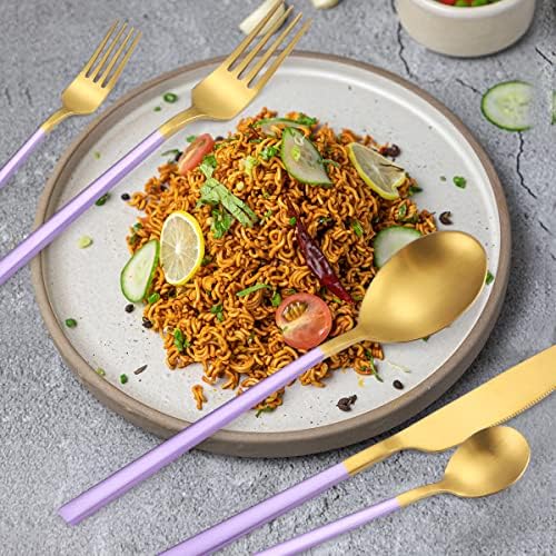 AARainbow 8 Pieces Stainless Steel Flatware Set Portable Reusable Cutlery Set Travel Utensils Set Including Chopsticks Knife Fork Spoon Straws Cleaning Brush Dishwasher Safe (B-Purple Golden)