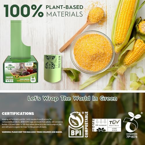 Compostable Trash Bags 1.2-1.6 Gallon Handle Tie 50 Count 0.6 Mil 6.06 Liter Small Compost Bags for Countertop Bin Biodegradable Bags Green for Kitchen ASTM D6400 & BPI Certified, OK Compost Home