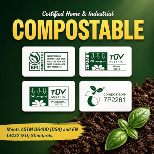 40-45 Gallon Compostable Trash Bags with Flat Top, 20 Count, Heavy Duty 1.6 Mil, Large Commercial Industrial Outdoor Contractor Bags, BPI Certified, ASTM D6400, Fits 40 45 Gal