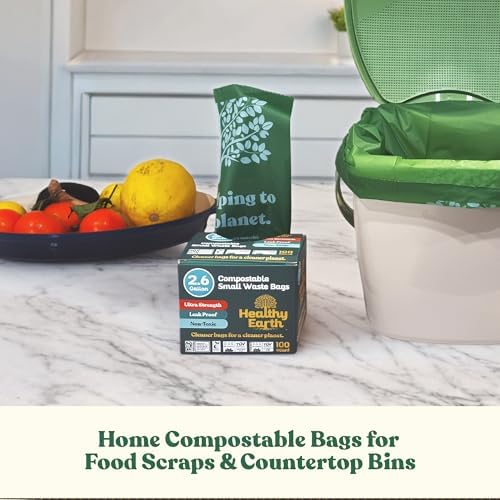 Healthy Earth 2.6 Gallon Compostable Trash Bags – 100 Count Small Trash & Kitchen Compost Bags for Countertop Bins, Extra Thick Plant-Based Food Scrap Liners, BPI & TÜV Certified ASTM D6400