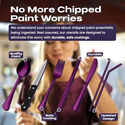 Taplord Portable Travel Silverware Set With Case, Includes 10 Pcs of Travel Utensils With Case, Stainless Steel Flatware Set For Camping, Lightweight (Purple)