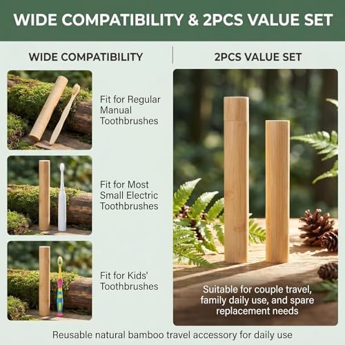 2 Pcs Bamboo Toothbrush Travel Case
