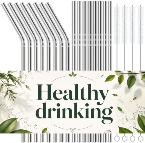 16-Pack Stainless Steel Straw,Reusable Straws – 8 Straight & 8 Bent (8.5 Inch) Metal Drinking Straws with 4 Cleaning Brushes,Replacement Straws,Dishwasher Safe,Ideal for Home,Travel