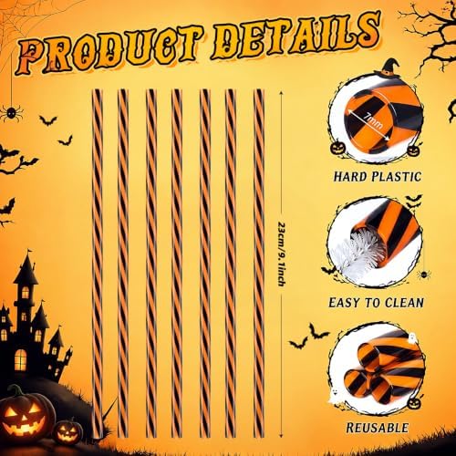 Honeydak 50 Pcs Reusable Plastic Straws Bulk,Black and Orange Stripe