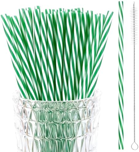 JANYUN 30 Pcs Green and White Straws Plastic, Reusable St Patricks Straws