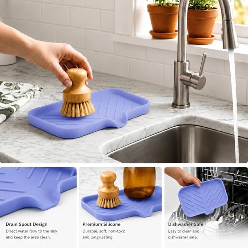 MicoYang Silicone Soap Dish with Drain Spout — Self-Draining Sink Organizer Tray for Bathroom & Kitchen, Sponges, Dispensers & Soap Holder, Non-Slip & Dishwasher Safe, Light Purple (Medium, 9.6"×5.3")