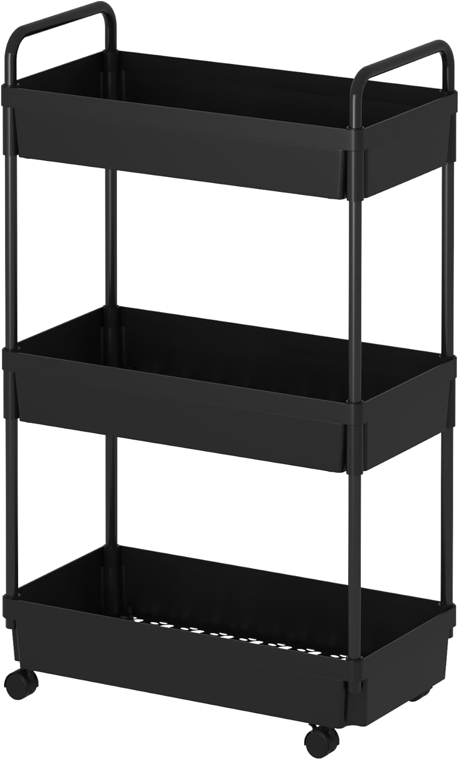 3-Tier Storage Cart，Shelf Organizer Mobile Shelving ，Utility Rolling Cart，Multifunction Movable Storage Organizer with Lockable Wheels,Black