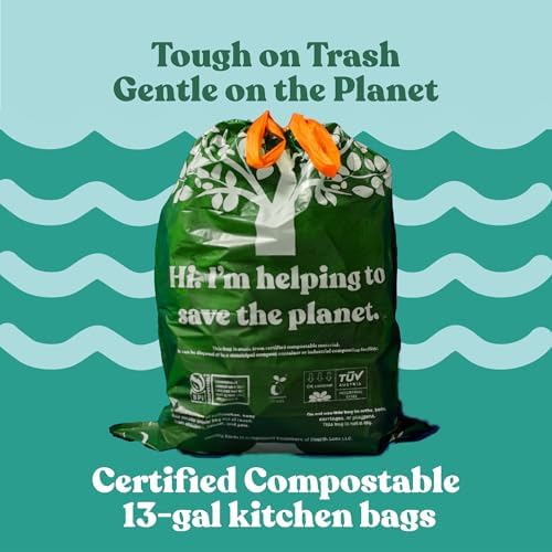 Healthy Earth 13 Gallon Compostable Drawstring Trash Bags, 1.13 Mil Extra Thick Tall Kitchen Liners (49.2 L), Heavy Duty Leak-Proof Food Scrap Bags, BPI & TÜV OK Compost Certified, 30 Count