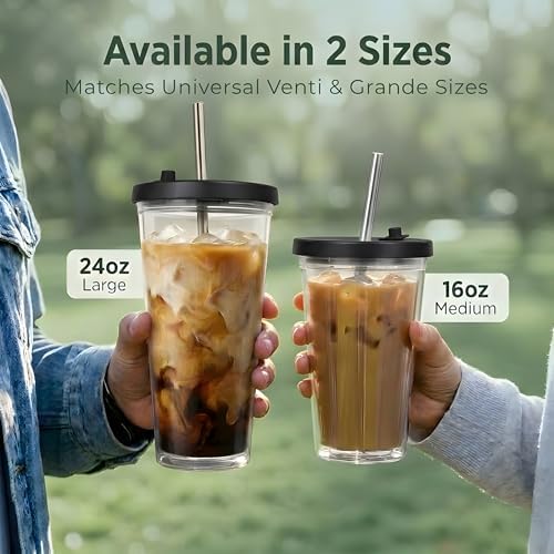 Reusable Iced Coffee Cup with Lid and Straw, 16 oz/Grande, BPA-Free Double-Wall Insulated Plastic Tumbler for Cold Drinks, Includes Clear Plastic Straw, Stainless Steel Straw and Cleaning Brush, Black