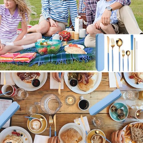 AARAINBOW 8 Pieces Stainless Steel Flatware Set Portable Reusable Cutlery Set Travel Utensils Set Including Chopsticks Knife Fork Spoon Straws Cleaning Brush Dishwasher Safe (Blue Golden)