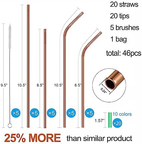 20 Pcs Rose Gold Reusable Stainless Steel Straws,10.5" & 8.5" Reusable Drinking Straws with 20 Silicone Tips 5 Straw Brushes 1 Travel Case,Eco Friendly Extra Long Metal Straw for 20 24 30 oz Tumbler
