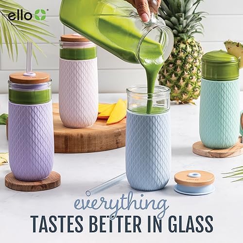 Ello Devon 18oz Glass Tumbler with Straw & Lid for Iced Coffee, Coral