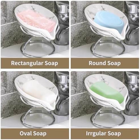 Dobbyby Leaf-Shaped Soap Dish – Ceramic Soap Bar Holder with Self-Drainage System – Bar Soap Holder for Shower, Bathroom Sink, Kitchen – Soap Dish with Stainless Steel Stand (White-Sliver-2 Pack)