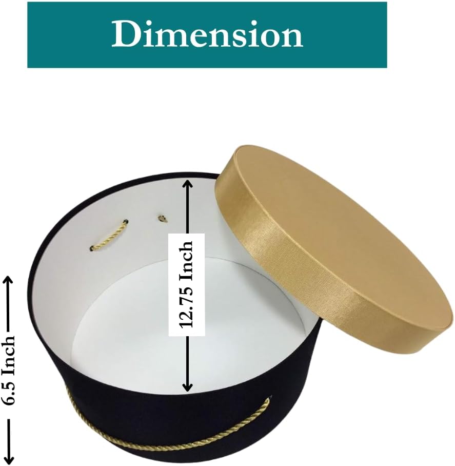 Sarah's Hat Boxes Classic Black/Gold Hat Box – 12.75" x 6.5" (Dia. x Ht.) Handmade in USA – Odorless Non-Toxic Adhesive, Cording Handle – Premium Storage for Hats & Accessories