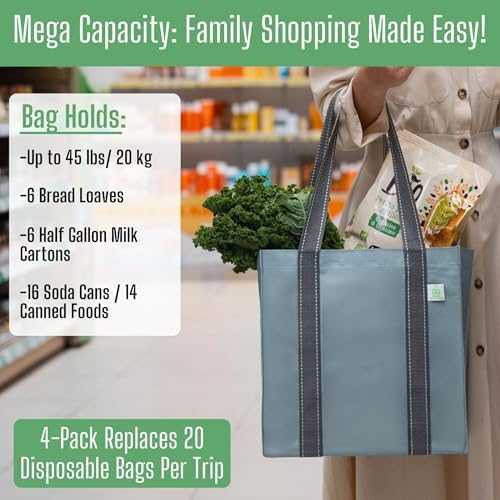 VENO 2/4 Pack Compact Reusable Grocery Shopping Bags with Hard Bottom