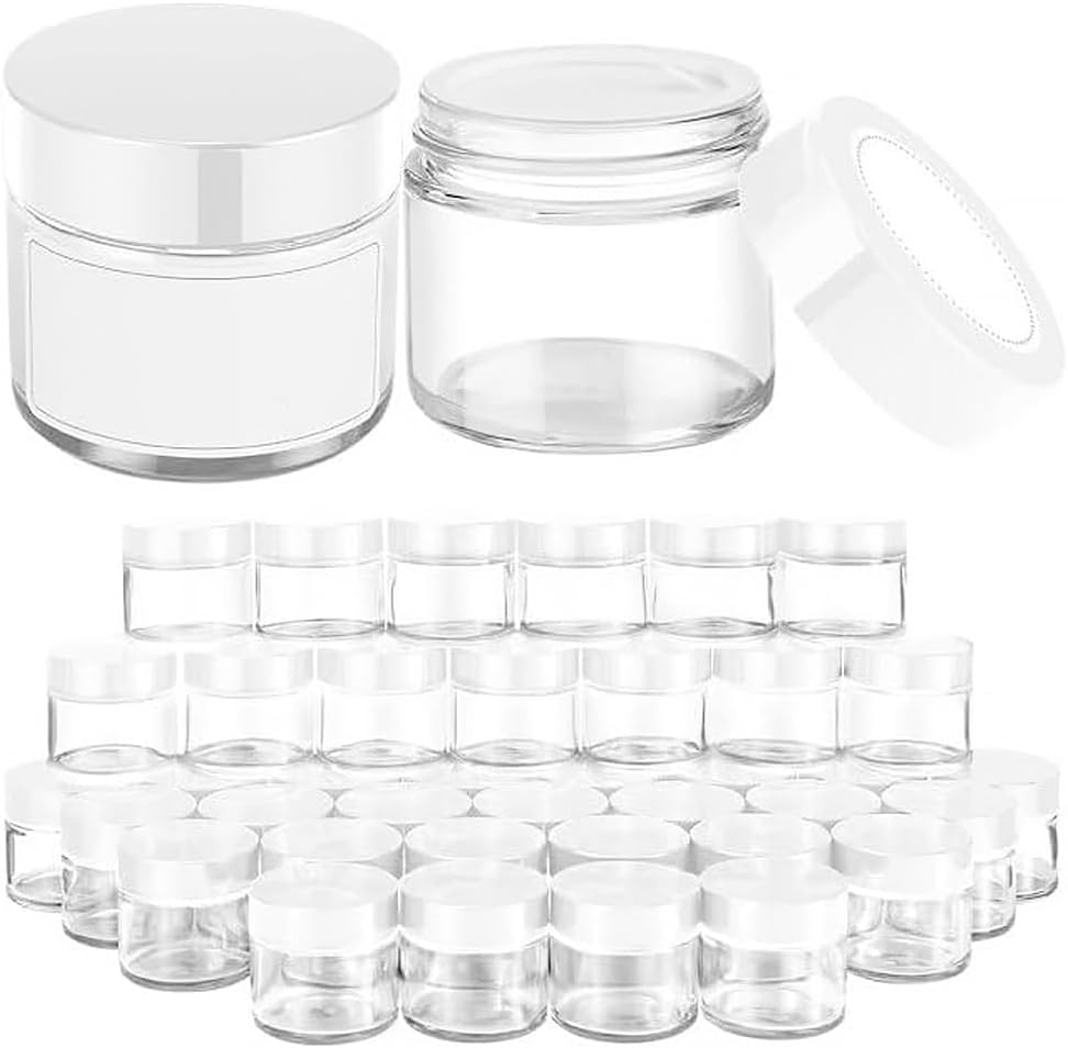 Bumobum 2 oz Glass Jars with Lids, 48 pack Clear Round Small Containers with White Lids, Blank Labels & Inner Liners, Empty Cosmetic Containers for Sample, Powder, Cream, Lotion