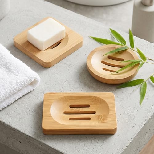 3PCS Bamboo Soap Holder Wooden Soap Dishes for Bathroom, Natural Soaps Dish Self-Draining Bar Soaps Holder Set (Round, Square, Rectangle) for Shower, Sink, Bathtub, and Home Accessories
