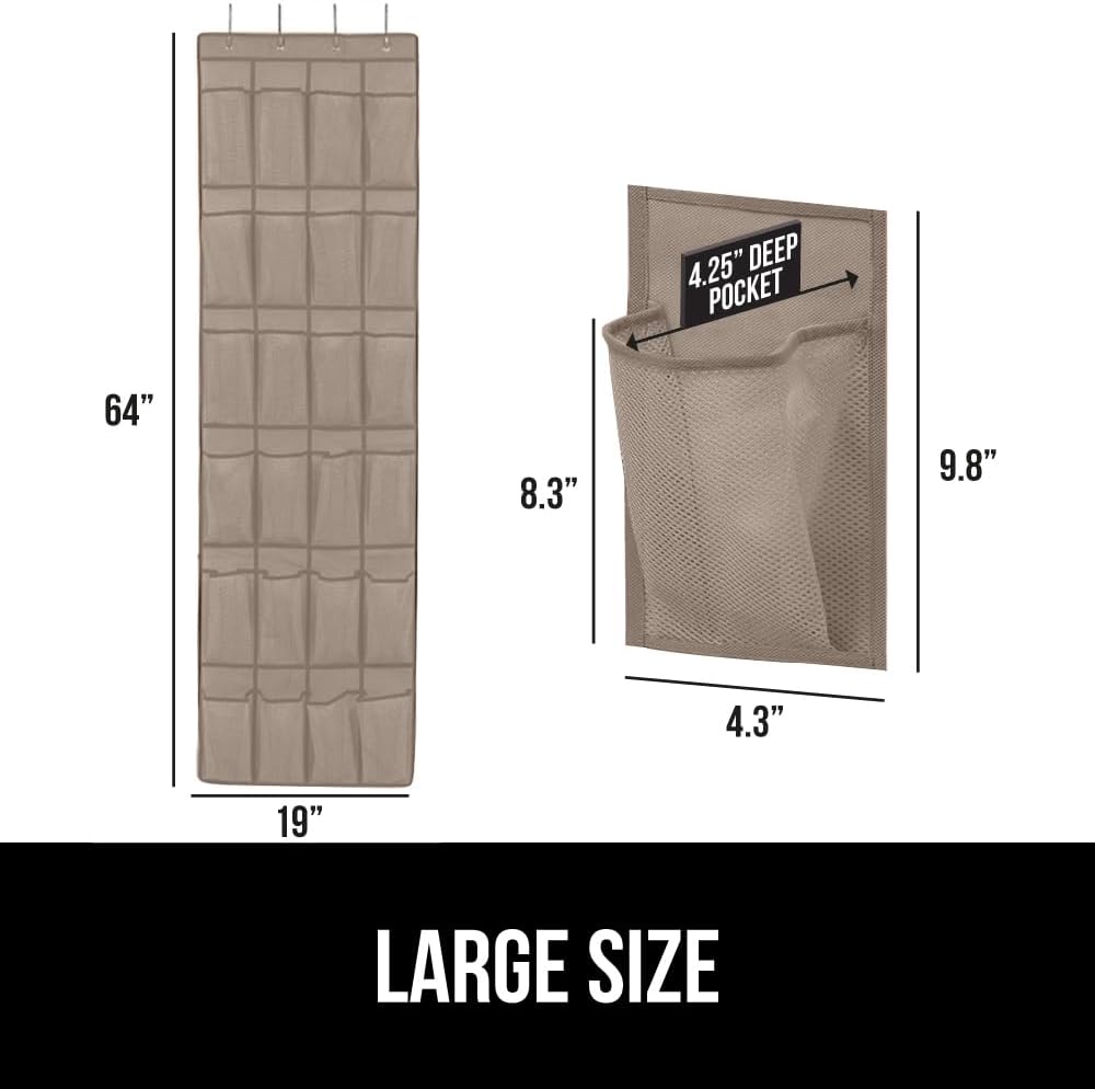 GORILLA GRIP Over the Door Shoe Organizer, 24 Large Breathable Mesh Pockets, Space Saving Hanging Storage Holder, Closet Rack Hanger Holds Up to 40 lbs, Hangs on Closets for Shoes, Accessories, Beige