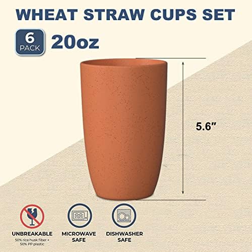 Wrova Wheat Straw Cups 6 PCS Good Alternative to Plastic Reusable Cups 20 oz Unbreakable Drinking Cup Reusable Dishwasher Safe Water Plastic Glasses Orange