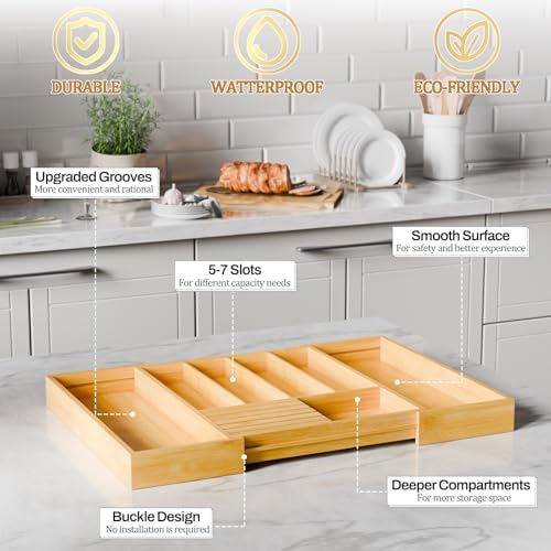 Bamboo Kitchen Silverware Drawer Organizer - Expandable Wood Utensil Holder with Dividers, Luxury Cutlery Storage Tray for Kitchen Utensil and Flatware (5-7 Slots with Removable Knife Block, Natural)