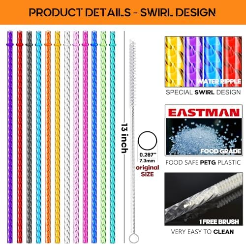 ALINK 12-Pack Reusable Plastic Clear Swirl Straws, 13" Extra Long Colorful Hard Plastic Replacement Straws for 16 OZ 20 OZ 30 OZ Stanley, YETI, Starbucks, Owala Tumblers with Straw Brush