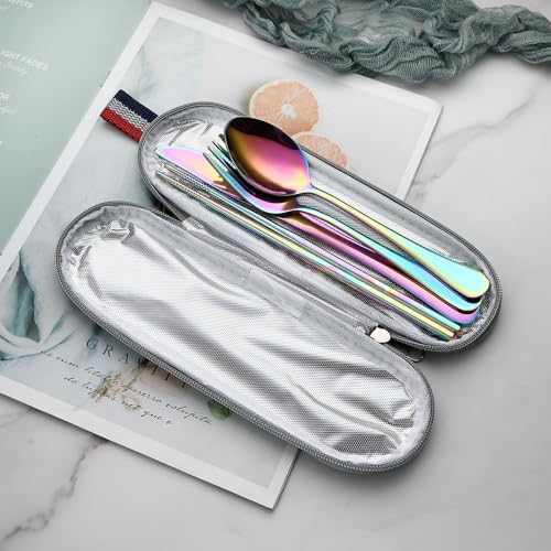 DEVICO Travel Utensils with Case, 5 Piece Portable Silverware Set for Work