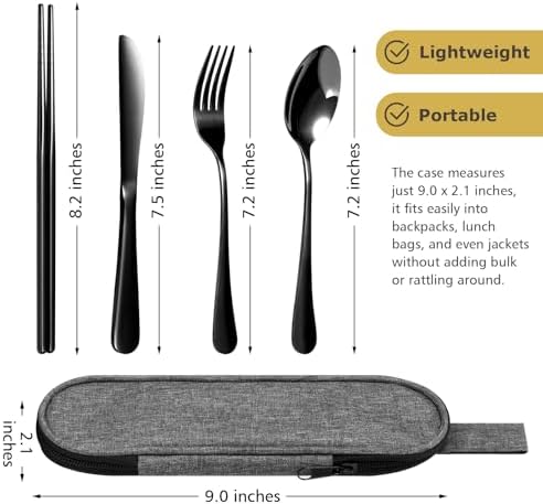 Matte Black 5-Piece Stainless Steel Travel Utensil Set with Waterproof Case, Reusable Portable Flatware Includes Knife, Fork, Spoon, Chopsticks for Camping, Office, Picnic & Daily Use