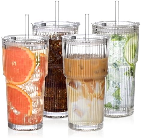 20oz Ribbed Glass Cups with Lids and Straws,4PCS Glass Tumbler with Straw and Lid, Iced Coffee Cups Drinking Glasses for Juice,Smoothies,Cocktail