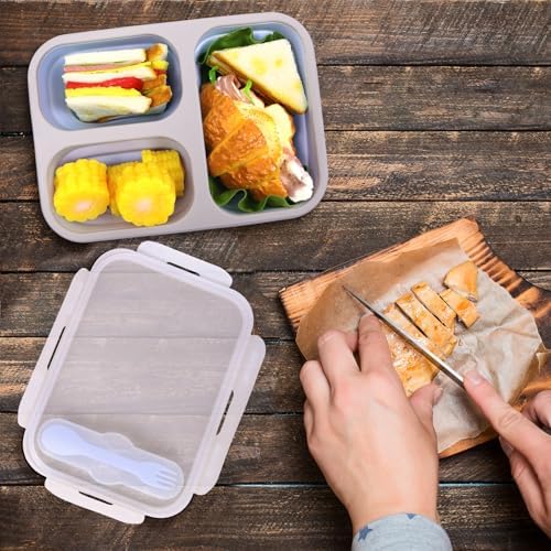 2 Pack Big Collapsible Silicone Bento Lunch Boxes With Lids spoons forks,3 Compartments, Divided Lunch Food Storage Containers, Safe in Microwave, Dishwasher and Freezer, 45.6oz, (Pink+Blue)