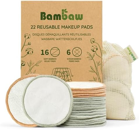 Bambaw Reusable Makeup Remover Pads, 22 Face Rounds with 1 Bag for Laundry & Storage, Washable Cotton Rounds, Soft & Exfoliating Reusable Face Pads