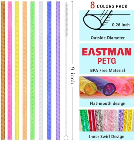 100Pcs Reusable Plastic Straws, 9 Inch Hard Drinking Straws with Cleaning Brush, Colored crystal Straws for Mason Jars, Tumblers, Iced Coffee, Smoothies, Cocktails and Party Cups