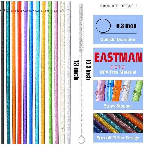ALINK 12-Pack Reusable Glitter Straws, 13 inch Extra Long Hard Plastic Tumbler Straws for Stanley Cups, 64 oz 40 oz 32 oz Tumblers, Yeti, Mason Jar, Gallon Jug with Brush - Assroted Colored