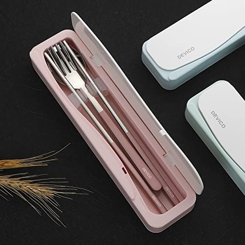 DEVICO Travel Utensils with Case, 4Pcs Portable Silverware Set for Work, 18/8 Stainless Steel Reusable Cutlery, Korean Spoon and Chopsticks Fork for Camping, School, Lunch Box Accessories (Pink)