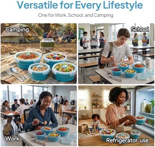 Collapsible Silicone Food Storage Containers with Lids, Set of 4 Sizes (12/17/27/40oz), Leakproof Collapsible Lunch Box, Microwave Freezer Dishwasher Safe, Space Saving for Camping RV Travel