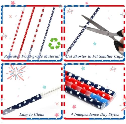 JANYUN 40 Pcs Reusable Patriotic Straws with Cleaning Brush