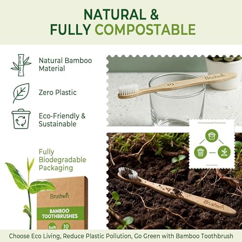 10 Pack Plastic Free Bamboo Toothbrush, Plant-Based Soft Bristle Biodegradable Eco-Friendly Wooden Toothbrushes for Adults and Family